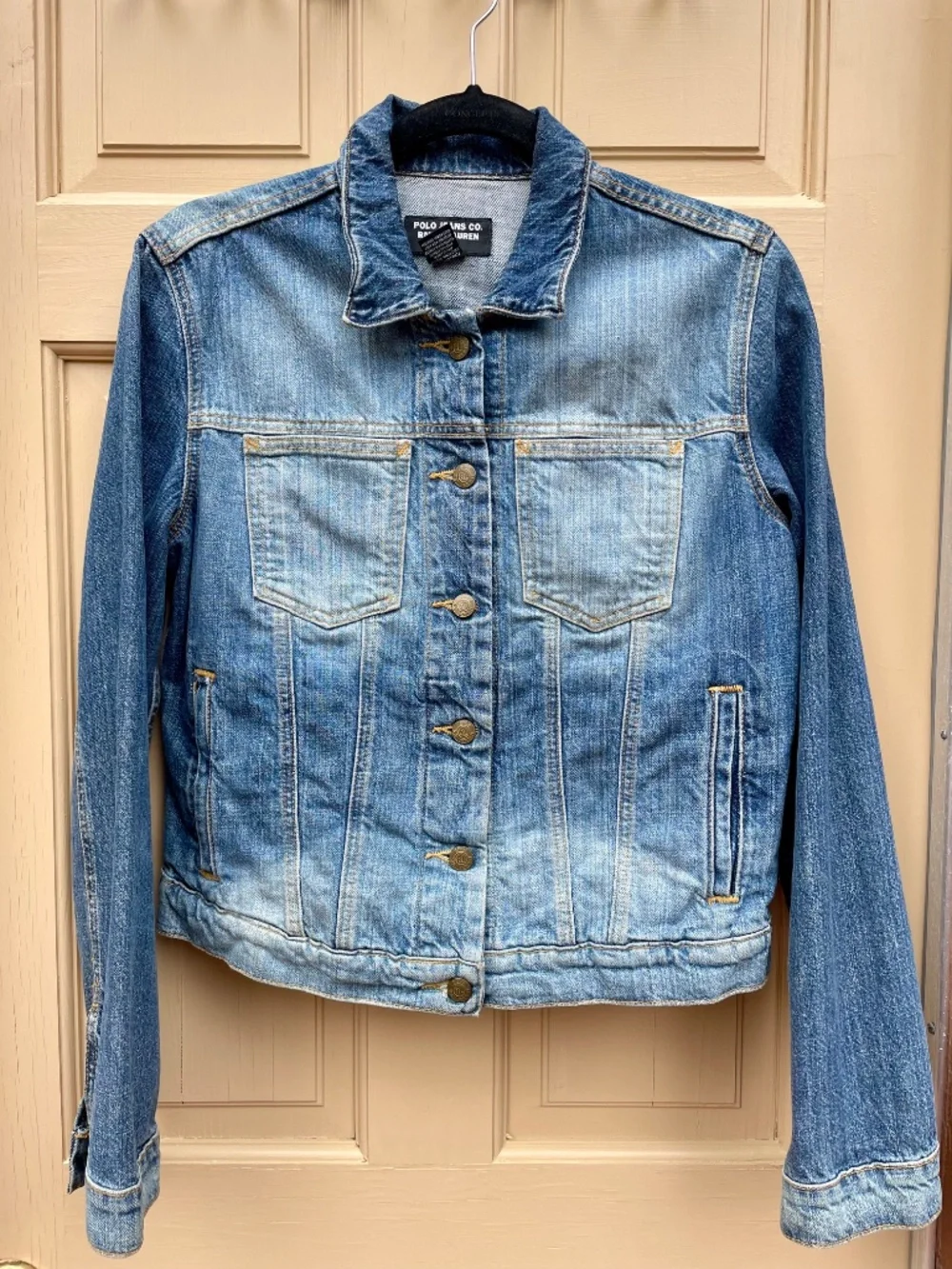 Vintage Ralph Lauren Denim Jacket, back is beaded with American Flag, sz. L - Picture 2 of 5